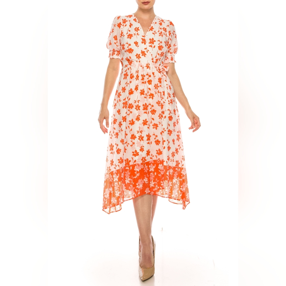 Maison Tara Illusion Wrap orange floral Dress